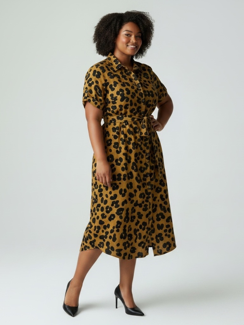 Who What Wear Linen Blend Midi Shirtdress XXL Mustard Tan Leopard Print Belted